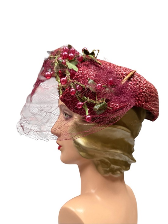 Vintage Accessories - Vintage Eraine Wendling Berry Cocktail Hat with Veil and Bead Trim